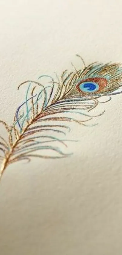 Elegant wallpaper featuring a single peacock feather on beige background.