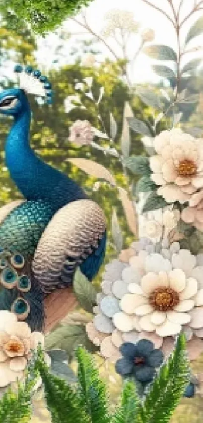 Peacock among vibrant florals in artistic wallpaper design.