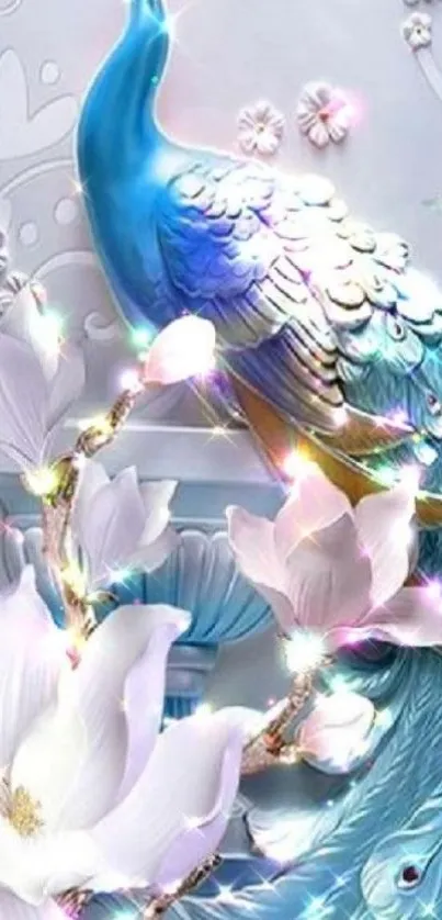 Blue peacock surrounded by white flowers on a sparkling background.