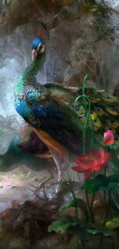 Peacock artwork in a lush forest setting with vibrant colors and detailed nature scene.