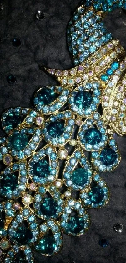 Jewel-encrusted peacock design wallpaper with blue gems.