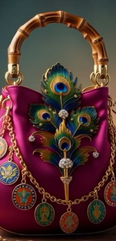 Elegant purple handbag with peacock feather design.