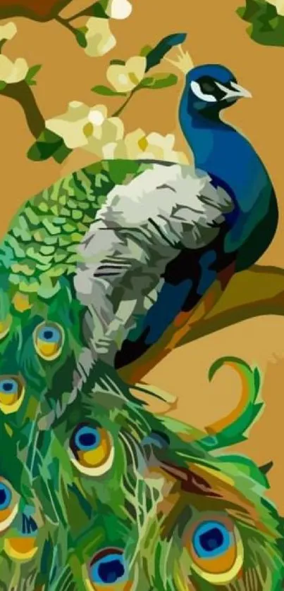 Elegant peacock illustration with colorful feathers.