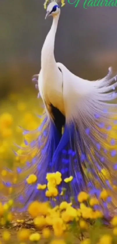 Graceful peacock with vibrant yellow flowers background.