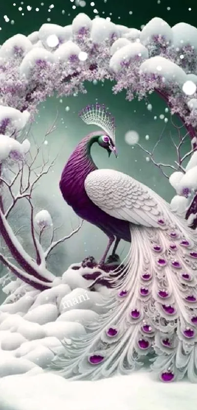 Elegant peacock in a snowy, artistic landscape scene.