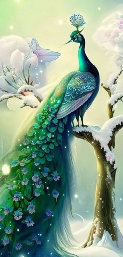Elegant peacock perched in snowy winter landscape.