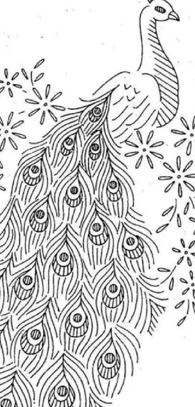 Intricate black and white peacock line art wallpaper for mobile.