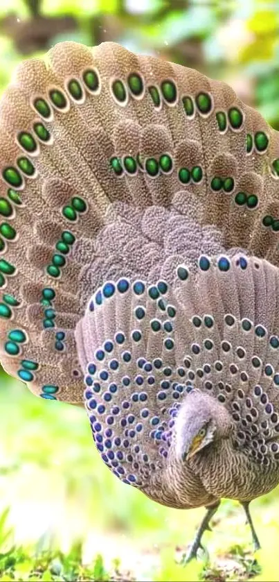 Elegant peacock with vibrant tail feathers on a mobile wallpaper