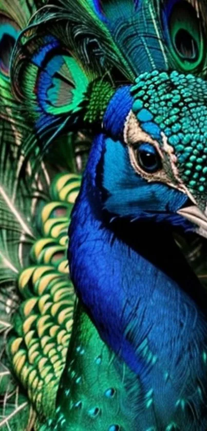 Vibrant peacock showcasing colorful feathers.