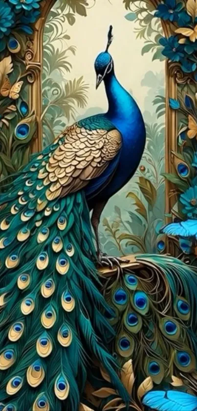 Elegant peacock with vibrant feathers on mobile wallpaper.