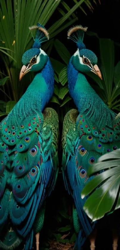 Two elegant peacocks in a lush jungle setting, showcasing vibrant feathers.