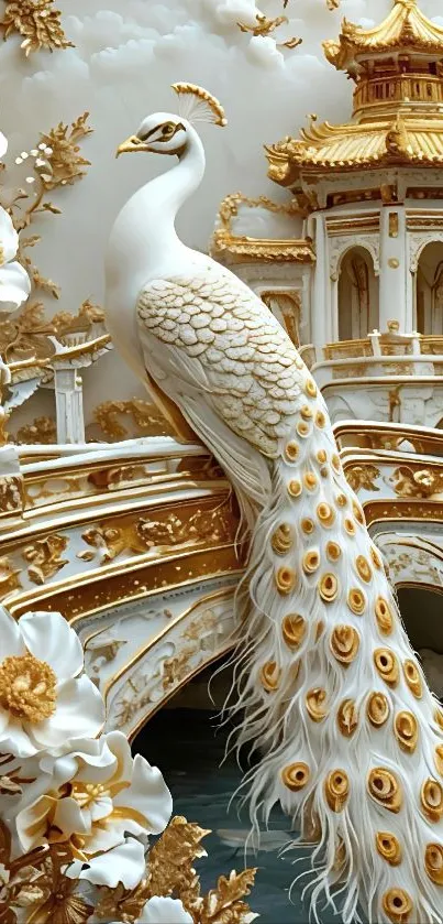 Elegant peacock on an ornate bridge with floral details.