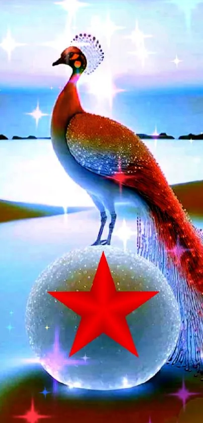 Artistic peacock on sphere with a red star, vibrant mobile wallpaper.