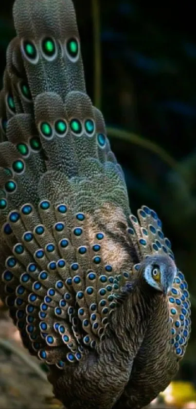 Elegant peacock displaying vibrant feathers in a phone wallpaper.