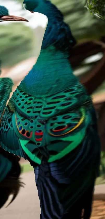 Close-up of a vibrant peacock's plumage.