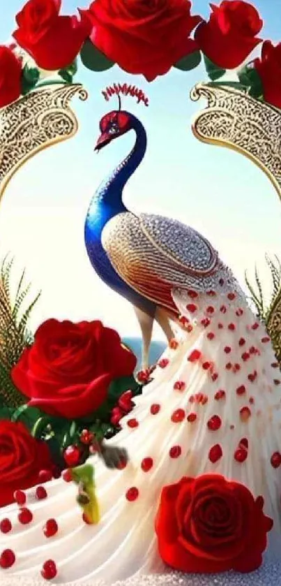 Elegant peacock with red roses and gold detailing on mobile wallpaper.