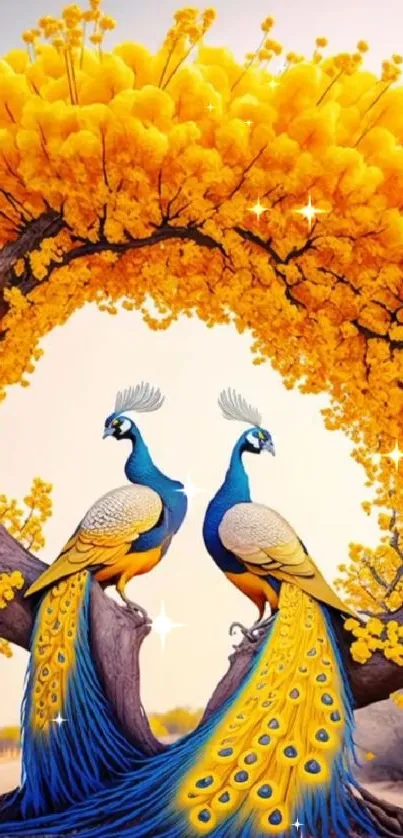 Elegant peacock tree with vibrant yellow flowers on mobile wallpaper.