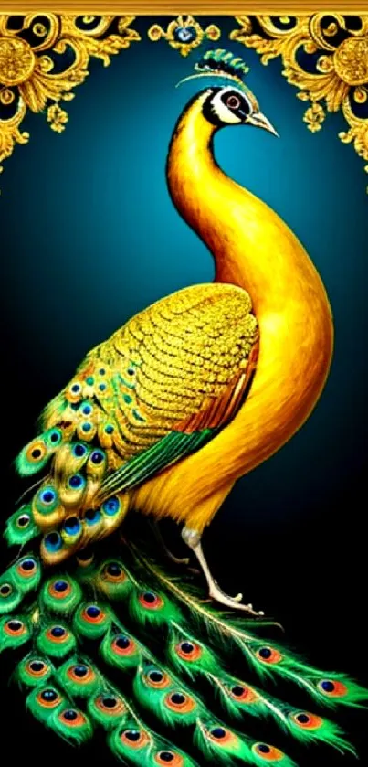 Golden peacock with vibrant feathers framed in ornate gold on a dark background.