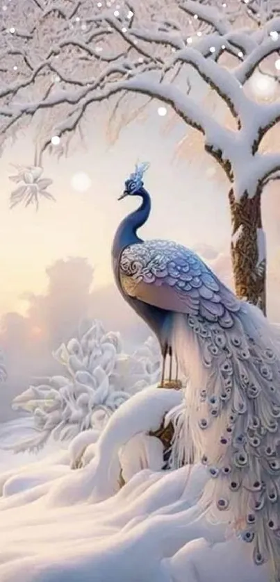 Elegant peacock in a snowy winter wonderland with frosted trees.