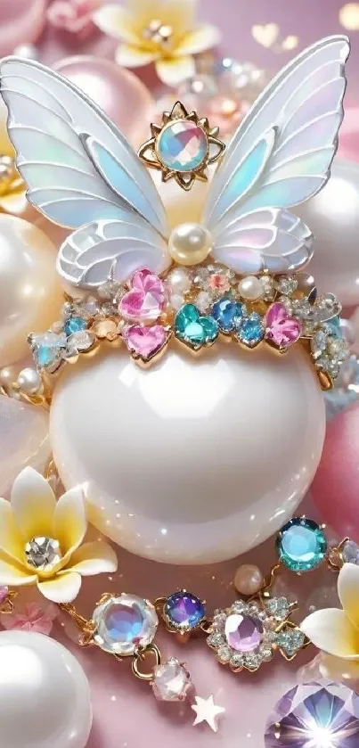 Elegant pearl with butterfly and floral jewels in soft pastel colors.