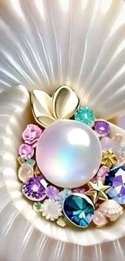 Elegant mobile wallpaper with pearls and gems in a shell design.