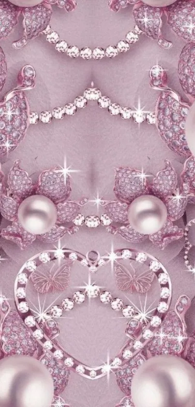 Pink pearl and jewel design wallpaper with butterflies.