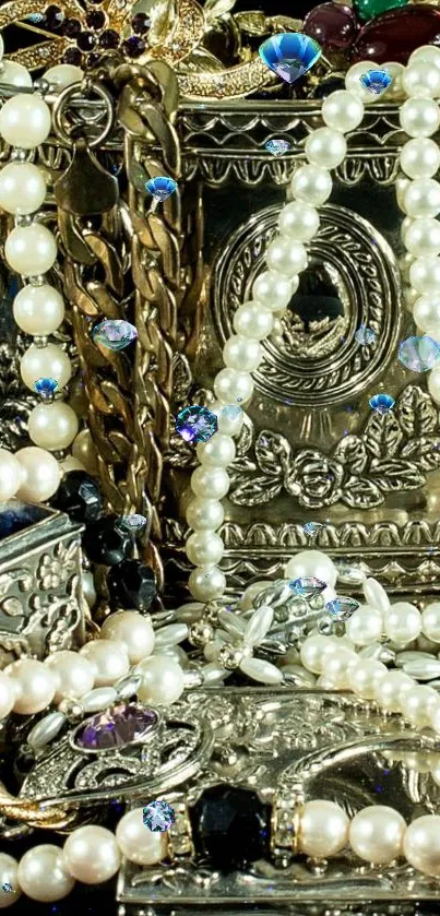 Elegant pearls and silver jewelry wallpaper for mobile phones.