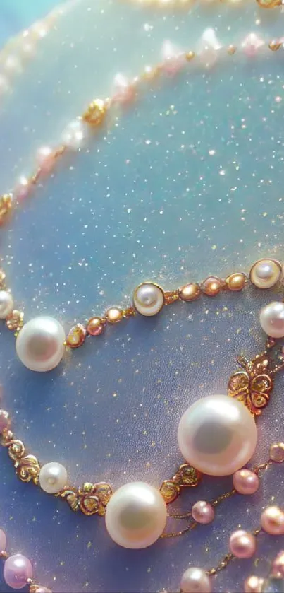 Elegant wallpaper with pearls and gold beads on a soft pastel background.