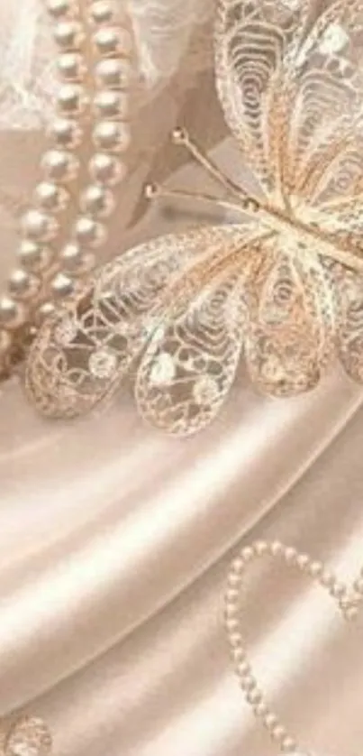 Elegant butterfly with pearls on beige satin wallpaper.