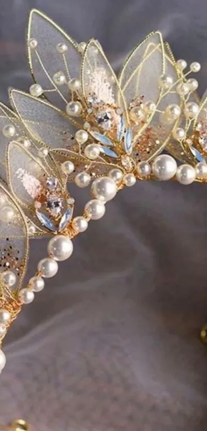 Elegant gold crown with pearls and floral design.