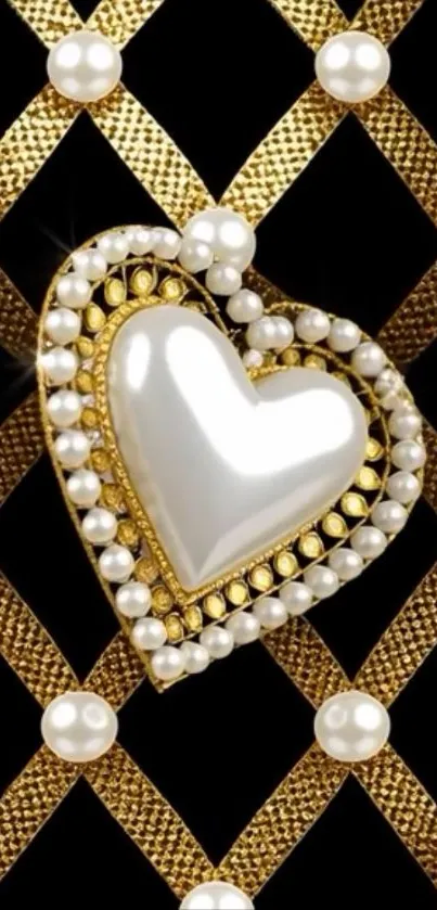Elegant pearl heart with gold accents on black background.