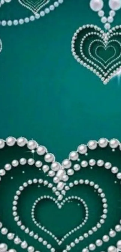 Shimmering pearl heart designs on teal background mobile wallpaper.