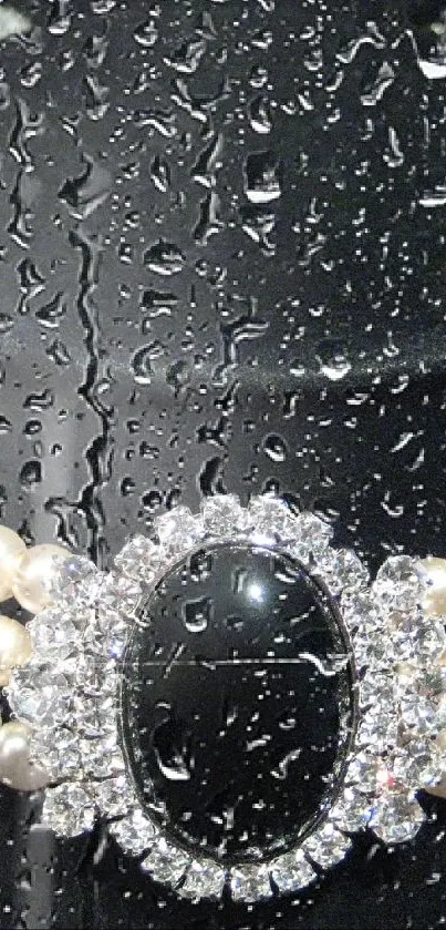 Pearl necklace with black centerpiece and crystals on display.