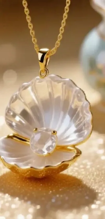 Radiant gold and pearl necklace with open shell design.