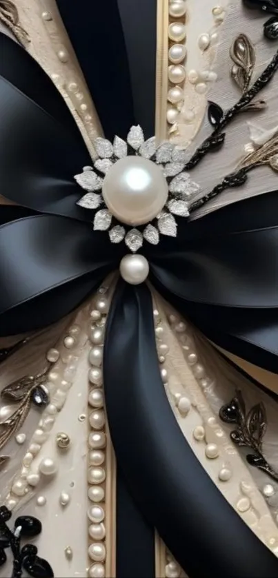 Elegant black ribbon and pearl design wallpaper.