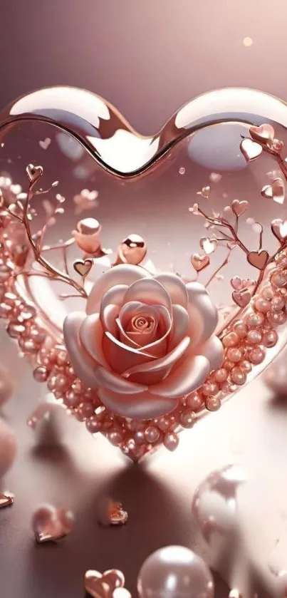 Rose encased in heart with pearls; elegant mobile wallpaper.