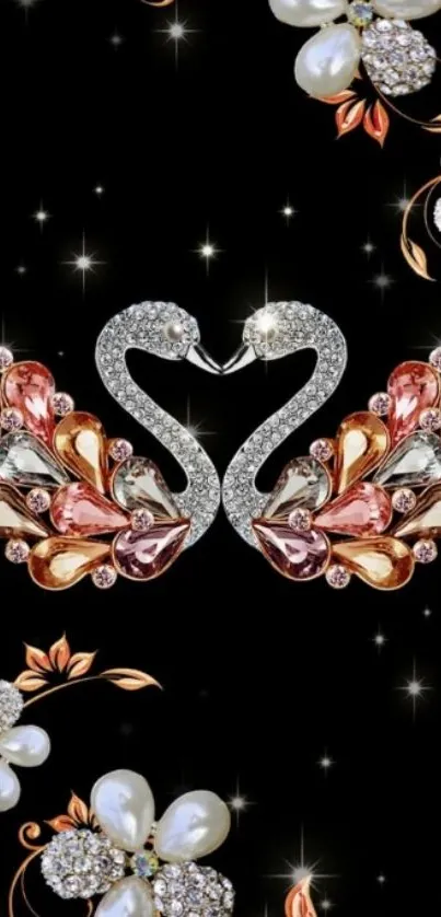 Elegant swan design with pearls and jewels on black background.