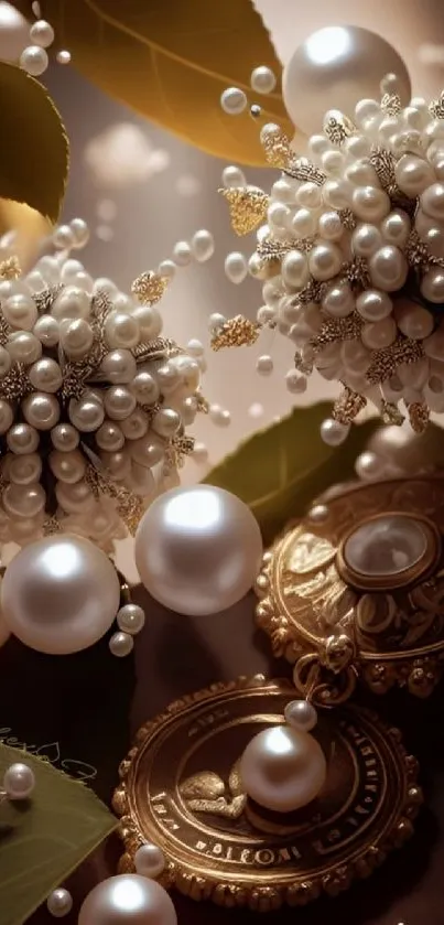 Luxurious wallpaper with pearls and gold accents, perfect for an elegant vibe.