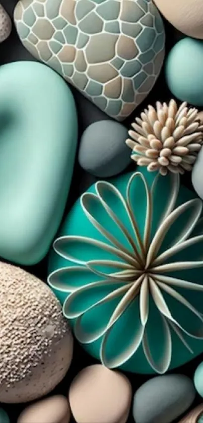 Artistic teal and beige pebble and flower mobile wallpaper.