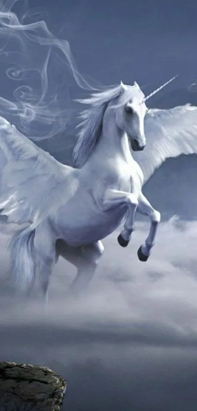 Majestic Pegasus soaring through clouds.