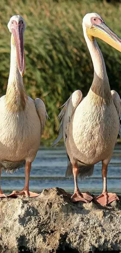 Two pelicans standing on a rock by the water.