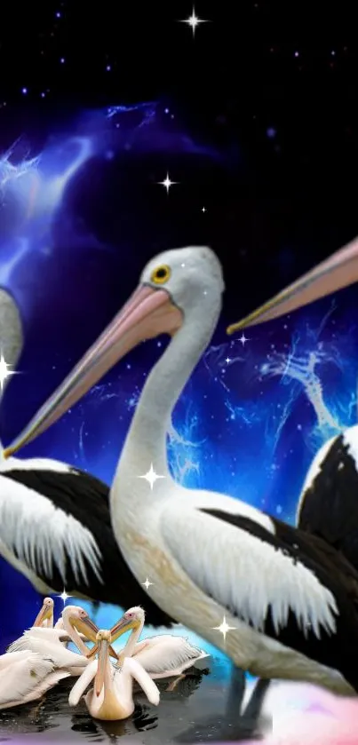 Elegant pelicans against a blue cosmic backdrop with stardust effects.