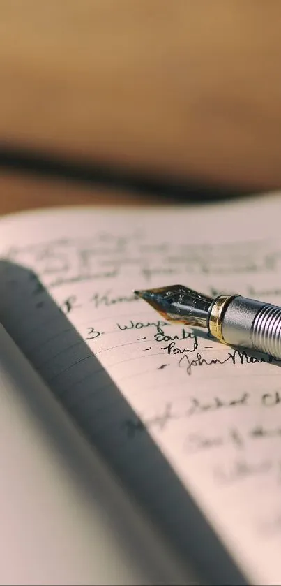 Elegant fountain pen resting on an open notebook with elegant writing.