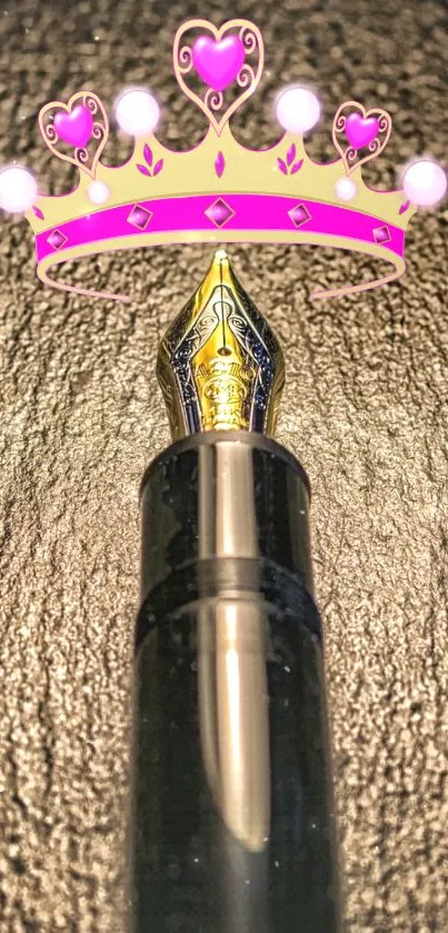 Elegant pen with a royal crown design against a gold background.