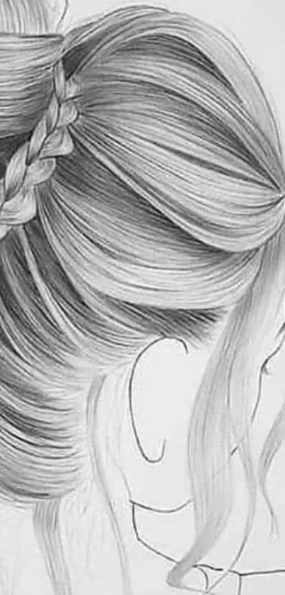 Pencil sketch of an elegant hairstyle with braided details.