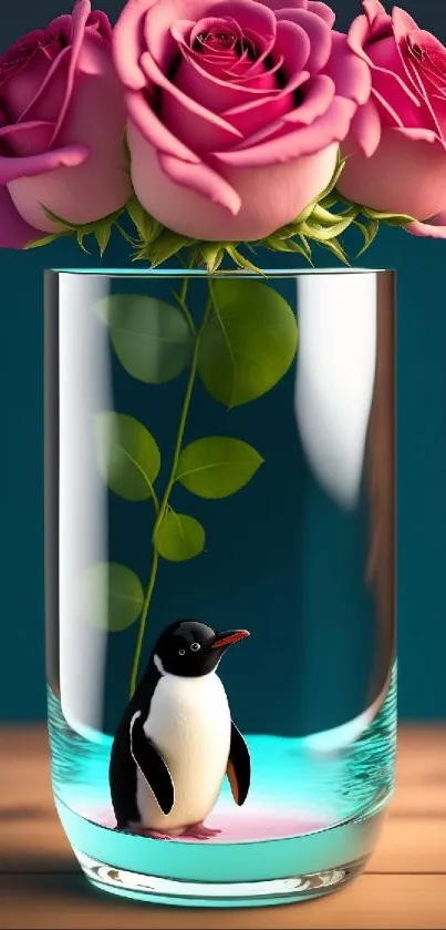 Pink roses in a glass vase with a penguin figurine.