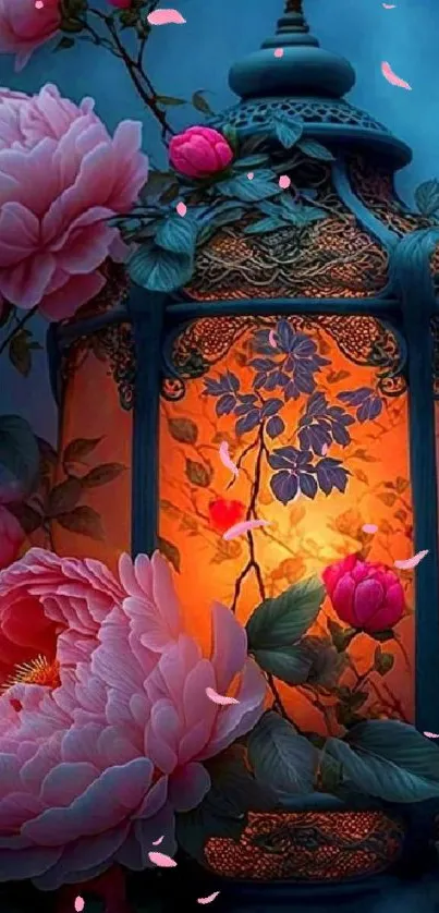 Glowing lantern with pink peonies in a serene blue setting.