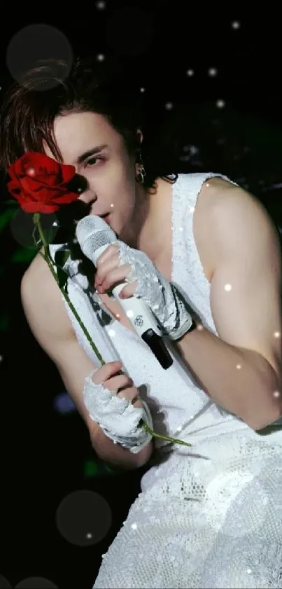 Performer with red rose on stage, exuding elegance and artistry.