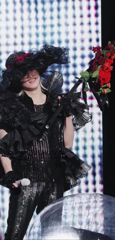 Performer in black attire with red roses on stage.