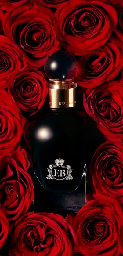 Luxurious black perfume bottle surrounded by vibrant red roses.